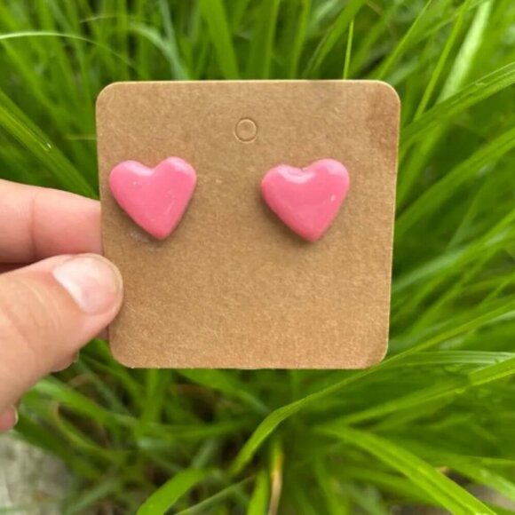 Heart Stud Earrings – Kawaii Polymer Clay Jewelry, Cute Pastel Earring - Picture 2 of 2
